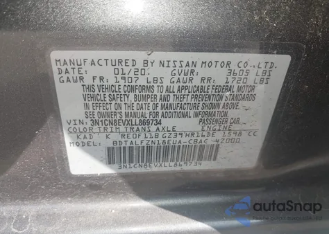 2020 Nissan Versa Sv Xtronic Cvt z USA, uszkodzony, nr VIN 3N1CN8EVXLL869734